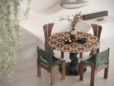 Modern Round Dining Table With Flower Arrangement Vase Apples Tray And Four Green Chairs 3d model