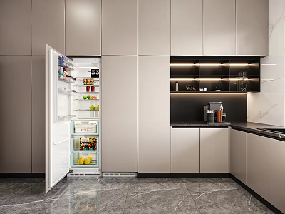 Modern Kitchen Interior With Open Refrigerator Food Items Gray Cabinets And Coffee Machine 3d model