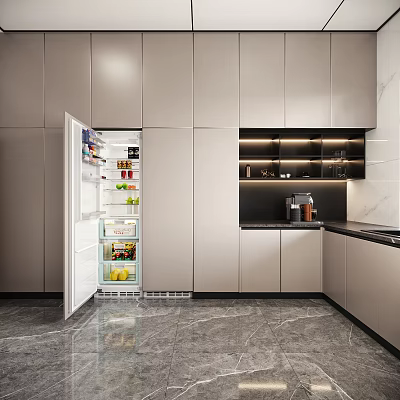Modern Kitchen Interior With Open Refrigerator Food Items Gray Cabinets And Coffee Machine 3d model