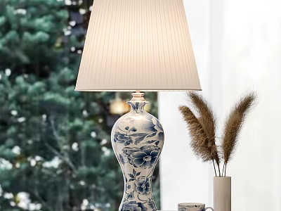 Blue And White Ceramic Table Lamp With Pleated Cream Lampshade Green Tree Background Pampas Grass 3d model