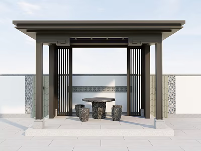 Traditional Garden Pavilion With Black Pillars Flat Roof Decorative Walls And Stone Table Stools 3d model