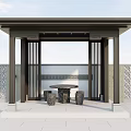 Traditional Garden Pavilion With Black Pillars Flat Roof Decorative Walls And Stone Table Stools