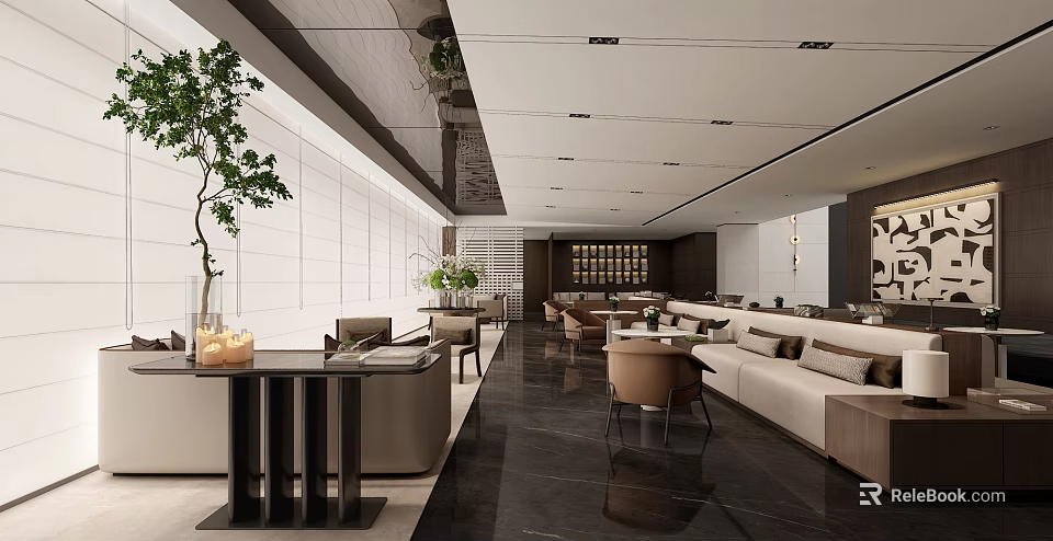 Elegant Modern Lounge Area Interior Design With Sofa Tables Chairs And Marble Floor 3d model 
