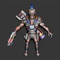 Mechanical Warrior 3D Character With Blue Helmet Red Armor And Tech Weapons