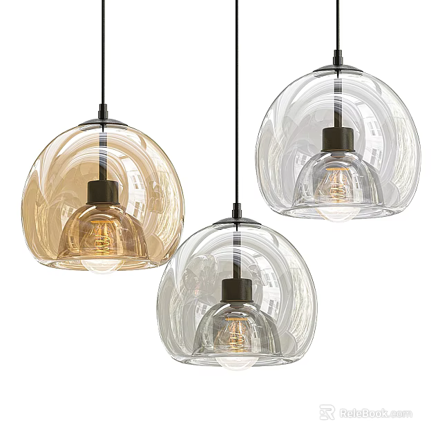 Modern Glass Spherical Pendant Lights with Amber and Transparent Shades and Black Base 3d model 