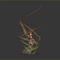 Red Haired Game and Movie Character Holding Spear With Flame Effects Standing On Circular Base