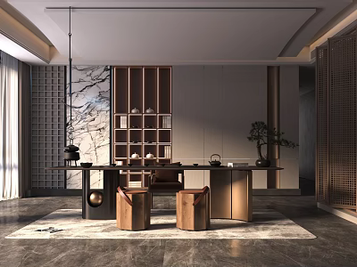 Traditional Tea Room Interior Design With Wooden Table Chairs And Potted Bonsai Plant 3d model