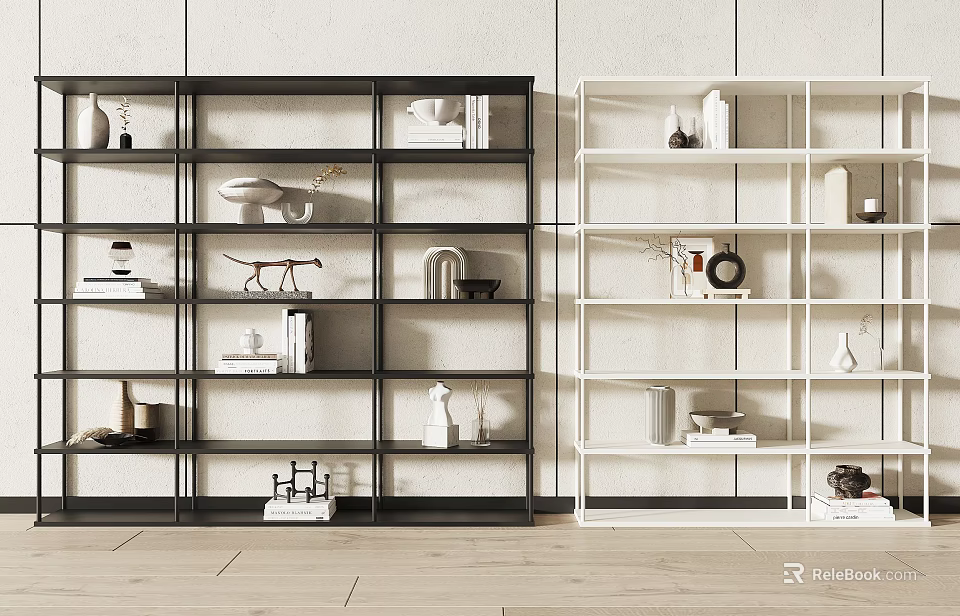 Modern Minimalist Black And White Shelving Units With Decorative Items And Books In Interior Space 3d model 