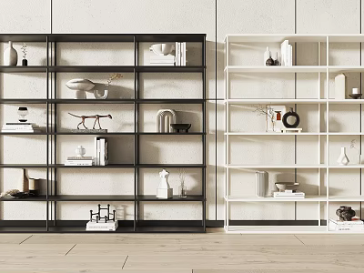 Modern Minimalist Black And White Shelving Units With Decorative Items And Books In Interior Space 3d model