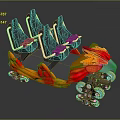 Amusement Park Ride With Four Black Seats Orange Red Wing Decorations And Mechanical Wheel Base