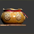 Traditional Yellow Brown Ceramic Jar With Decorative Carvings Red String And Wooden Base