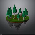 Floating Island Scene With Green Pine Trees And Small Tent On Rocky Base