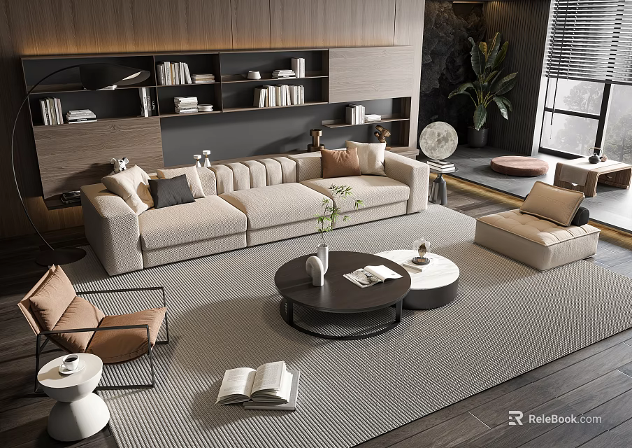 Modern Living Room Beige Sofa And Round Coffee Table Set With Rug Bookshelf And Plant 3d model 