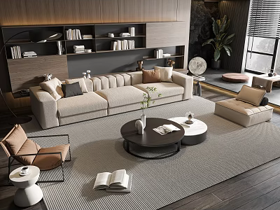Modern Living Room Beige Sofa And Round Coffee Table Set With Rug Bookshelf And Plant 3d model