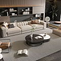 Modern Living Room Beige Sofa And Round Coffee Table Set With Rug Bookshelf And Plant