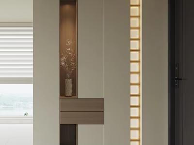 Modern Entryway Cabinet and Side Cabinet Design With Mirror Wooden Finish Decorative Vase and Lighting 3d model