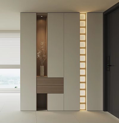 Modern Entryway Cabinet and Side Cabinet Design With Mirror Wooden Finish Decorative Vase and Lighting 3d model