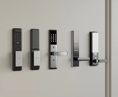 Various Modern Door Handles With Electronic Keypad And Sleek Black Silver Design 3d model