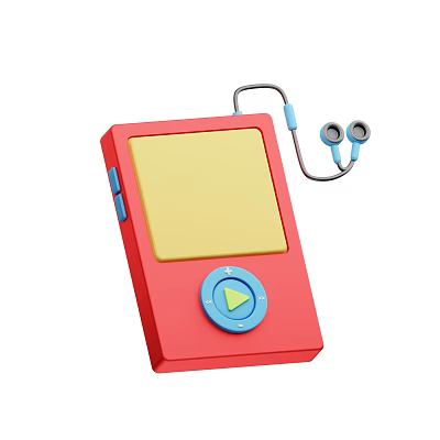 Red Portable Audio Player With Yellow Screen Blue Play Button And Headphones 3d model
