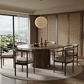 Round Wooden Dining Table Set With Chairs Pendant Light And Bamboo Screens By Large Windows