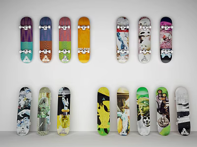 Colorful Skateboards As Sports Equipment Neatly Mounted On Wall With Various Graphics 3d model