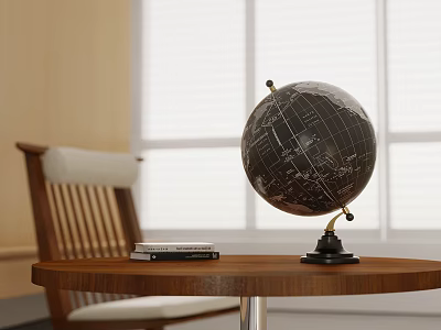Vintage Globe On Wooden Table With Book Chair And Window Background 3d model