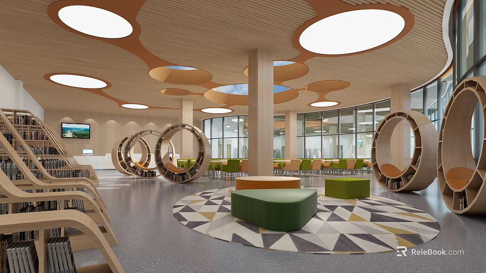 Artistic Book Art Interior Space With Circular Design Green Seats And Geometric Carpet 3d model 