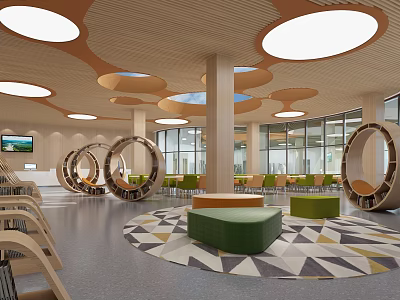 Artistic Book Art Interior Space With Circular Design Green Seats And Geometric Carpet 3d model