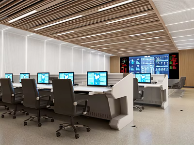 Modern Control Room Interior Design With Multiple Monitor Screens Control Desks And Ergonomic Chairs 3d model