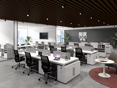 Open Public Office Space With Ergonomic Chairs Workstations Large Windows And Wooden Ceiling 3d model