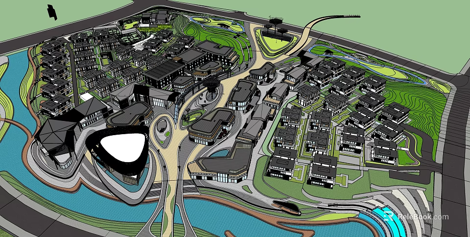 Modern Commercial Street With Planned Layout Pedestrian Walkways And Waterfront Green Spaces 3d model 