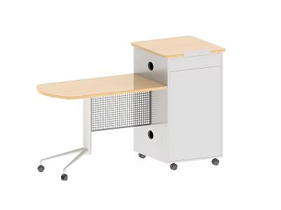 Mobile Functional Desk With Wooden Top Mesh Shelf And Storage Cabinet 3d model