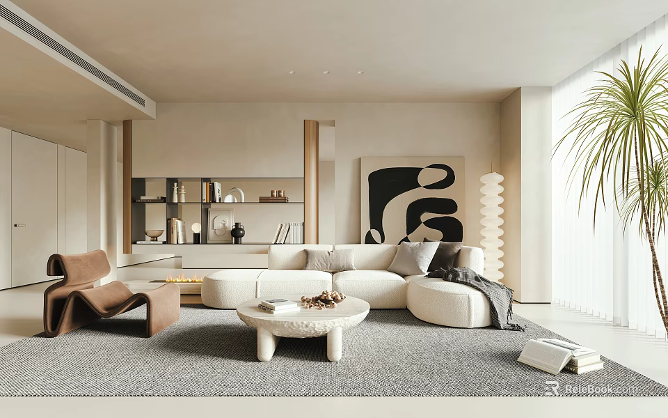 Modern Living Room Interior With Beige Sofa Round Coffee Table And Wall Art 3d model 