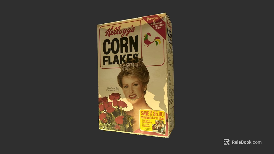 Detailed Sculpture Carving of Kellogg's Corn Flakes Box With Female Image and Flowers 3d model 
