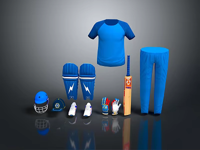 Cricket Equipment Set Including Blue Jersey Pants Helmet Pads Gloves And Bat 3d model