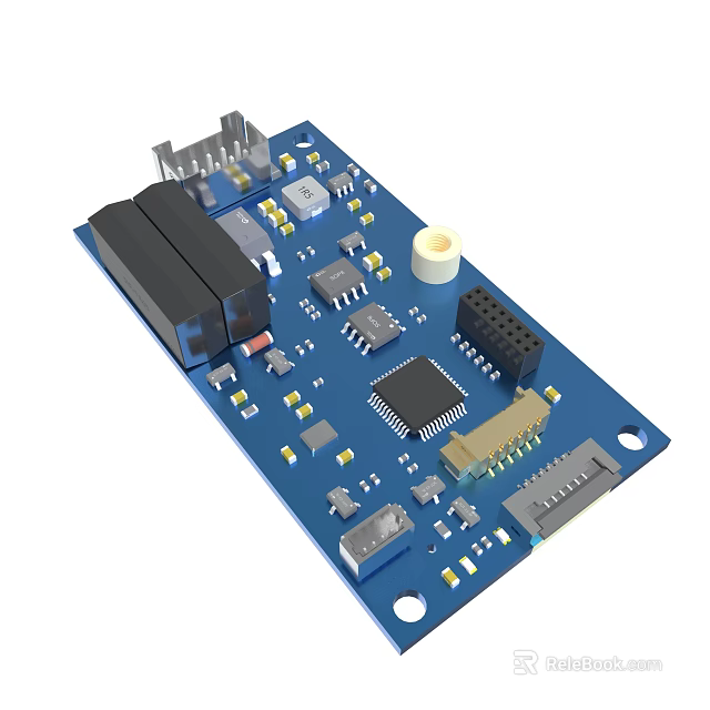 Electronic Circuit Board With Integrated Chips Components And Blue Substrate Connectors 3d model 