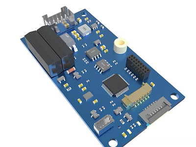 Electronic Circuit Board With Integrated Chips Components And Blue Substrate Connectors 3d model