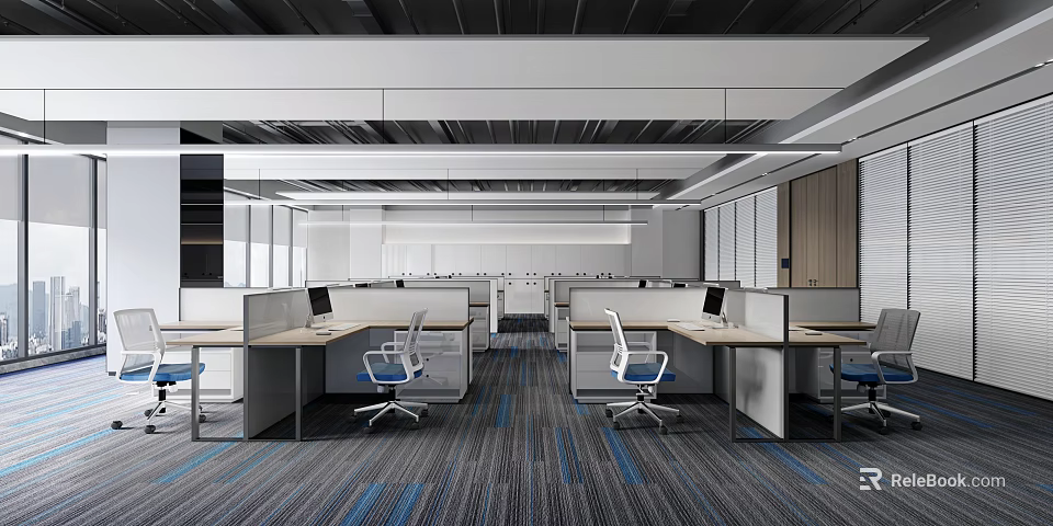 Modern Open Public Office Interior With Workstations Computers Blue White Chairs And Striped Carpet 3d model