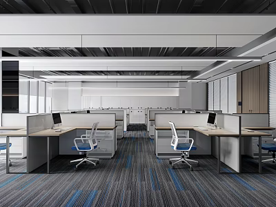 Modern Open Public Office Interior With Workstations Computers Blue White Chairs And Striped Carpet 3d model