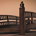 Wooden Curved Arch Bridge Featuring Intricate Railings And Decorative Finial Posts