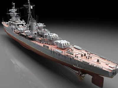 Large Battleship Warship With Gun Turrets On Deck And Gray Hull Red Bottom 3d model