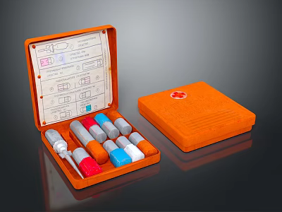 Orange First Aid Box Open With Medicine Bottles Tools And Red Cross 3d model