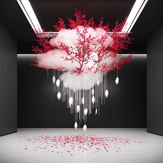 Hanging Cloud Shaped Art Installation With Pink Flowers White Ornaments And Scattered Petals 3d model 