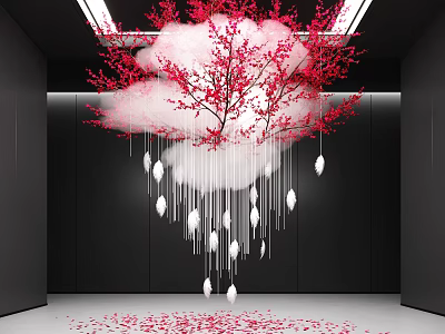 Hanging Cloud Shaped Art Installation With Pink Flowers White Ornaments And Scattered Petals 3d model