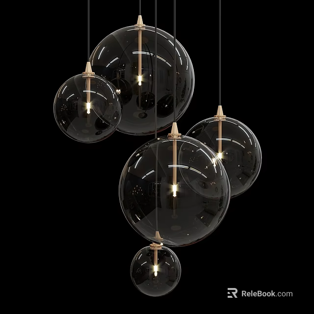 Modern Transparent Glass Sphere Chandeliers with Metal Frames Illuminated Hanging in Interior Design 3d model 