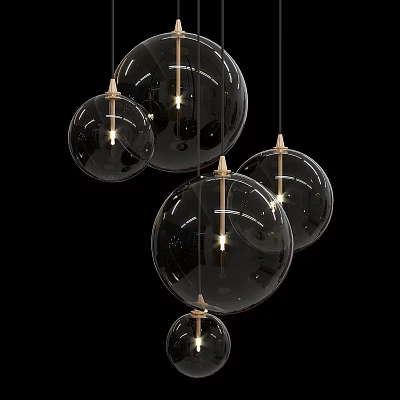 Modern Transparent Glass Sphere Chandeliers with Metal Frames Illuminated Hanging in Interior Design 3d model
