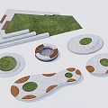 Various Shaped Tree Pits With Stone Slab Edges And Grass For Landscape Design 3d model