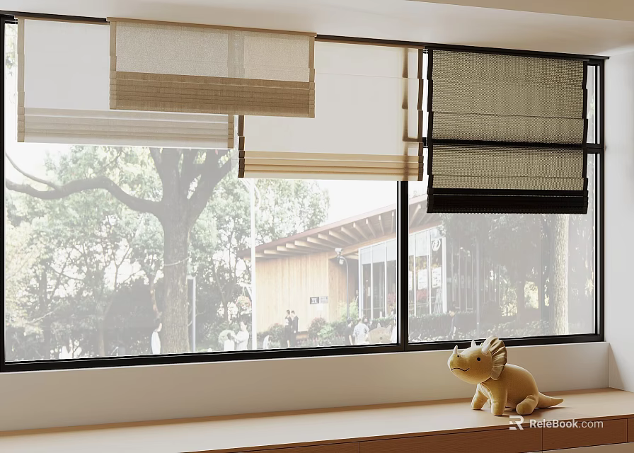 Different Styles of Window Blinds in Modern Interior with Tree View and Small Decor 3d model 