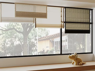 Different Styles of Window Blinds in Modern Interior with Tree View and Small Decor 3d model