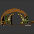 Traditional Arched Wooden Structure With Carved Design Small Table Bench Potted Plants And Rug